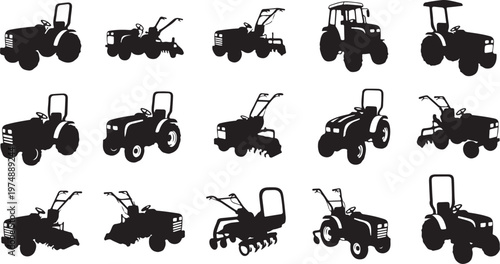 Silhouettes of various tractors and farming equipment tools