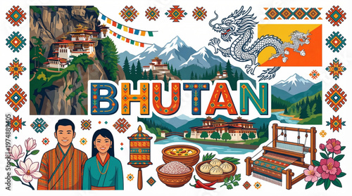 Bhutan travel collage featuring landmarks, culture, and people