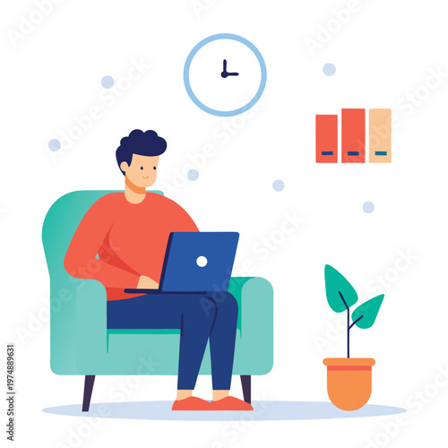 Man sitting in armchair working on laptop at home with clock and plant