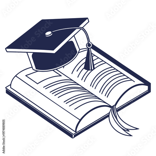 A navy blue graduation cap rests atop an open book symbolizing academic achievement knowledge and the completion of studies high quality professional