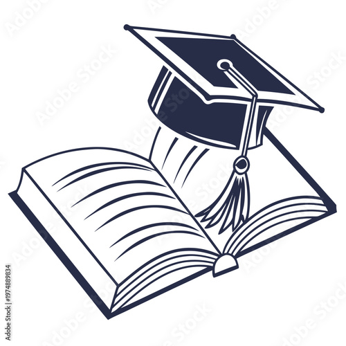 A stylized illustration depicts a graduation cap resting upon an open book symbolizing academic achievement and the completion of studies high quality