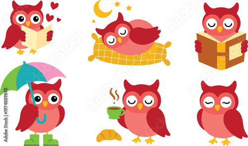 Cute red cartoon owl character set featuring six poses including reading a book, sleeping on a pillow, holding an umbrella, and drinking coffee for nursery and stationery design.