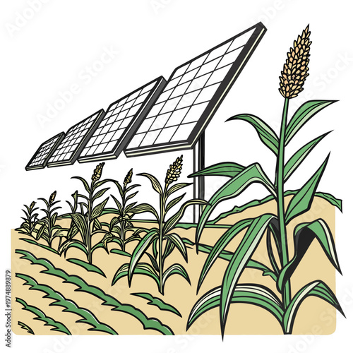 An illustration depicts a blend of sustainable energy and agriculture showcasing solar panels alongside ripening corn stalks and lush vegetation high quality