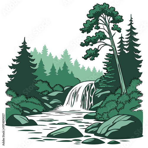A stylized illustration depicts a lush forest scene with a cascading waterfall flowing into a rocky stream showcasing nature s beauty