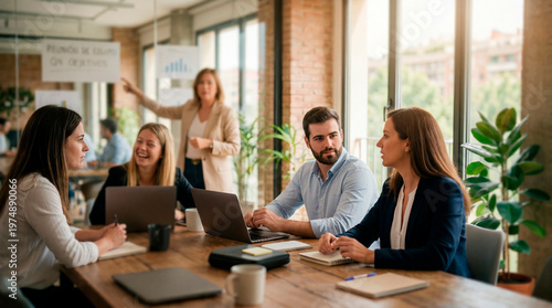 Caucasian business people aged 30 to 45 collaborating in modern office with laptops and notebooks.