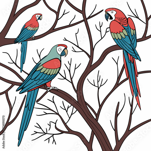A vibrant illustration depicts three colorful macaws perched on dark brown branches against a clean white background high quality professional detailed modern