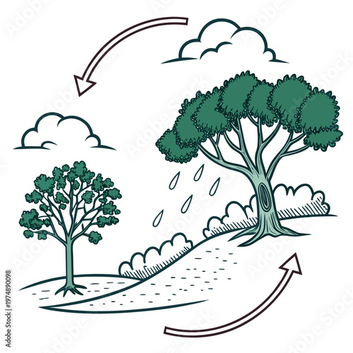 This illustration depicts the water cycle s impact on a tree showing evaporation condensation precipitation and collection high quality professional detailed modern