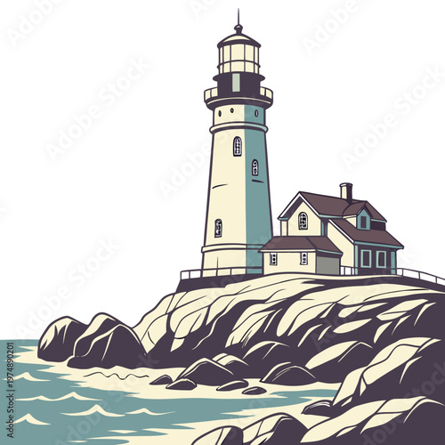 An illustrative rendering depicts a classic white lighthouse standing prominently on a rocky coastal headland overlooking the sea high quality professional detailed