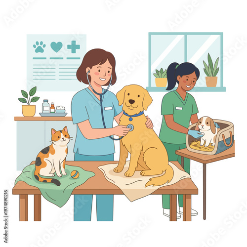 Veterinarians and veterinary technician examining and treating a dog and cat on a table in a vet clinic with a pet on another table in the background.