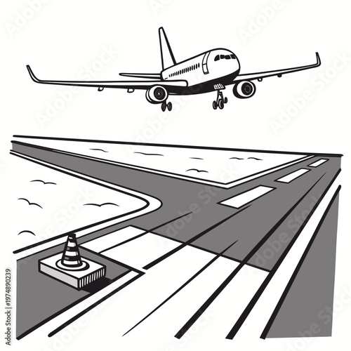 A stylized black and white illustration depicts a passenger airplane ascending from a runway with a safety cone nearby high quality professional