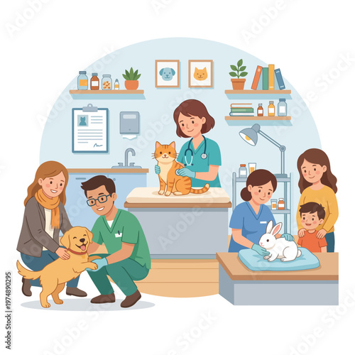 Illustration of a busy veterinary clinic with a veterinarian and pet owners with their pets, including a dog, cat, and rabbit, in a blue and white interior with medical tools and plants.