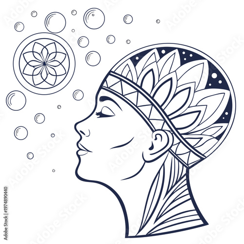 A serene woman s profile is depicted in a blue line drawing surrounded by floating bubbles and a floral mandala design
