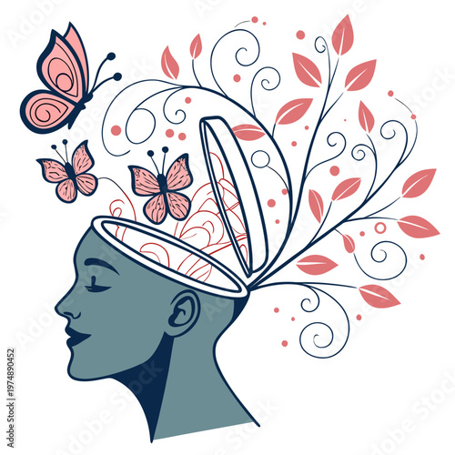 An illustrative depiction shows a woman s head opening to reveal flourishing botanical elements and delicate butterflies taking flight high quality professional