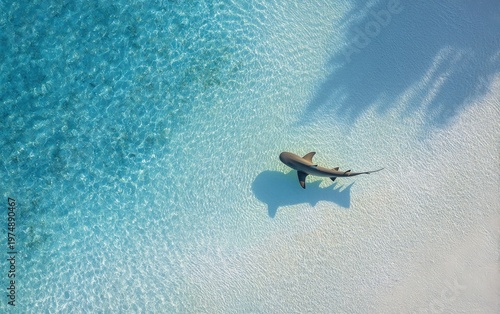 Aerial view of a shark swimming in clear, shallow tropical waters