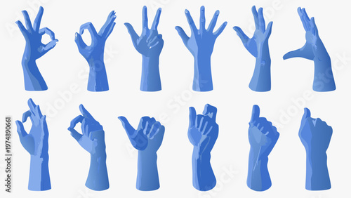 Multiple blue hands displaying various hand gestures on a white background