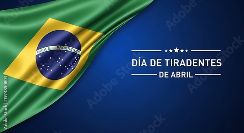 Dia de Tiradentes holiday banner, Brazilian flag with silk texture on blue background, national celebration of Brazil on April 21st