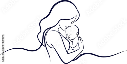 A beautiful minimalist line art illustration depicting a loving mother gently cradling her newborn baby with tender affection and warmth, symbolizing maternal bond.