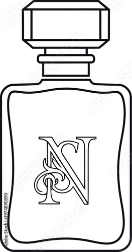Elegant line art illustration of a vintage-style perfume or cologne bottle featuring a distinctive monogram, perfect for luxury product branding and sophisticated design projects.