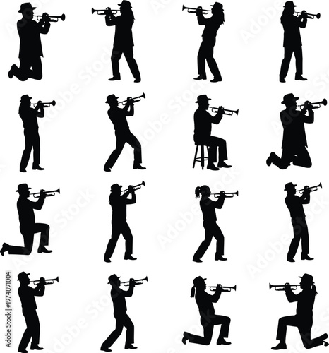 Diverse Silhouette Set of Trumpet Players and Jazz Musicians in Various Performance Poses