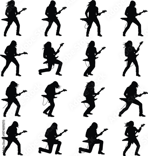 Silhouette Set of Rock Guitarist Playing Electric Guitar in High Energy Stage Poses