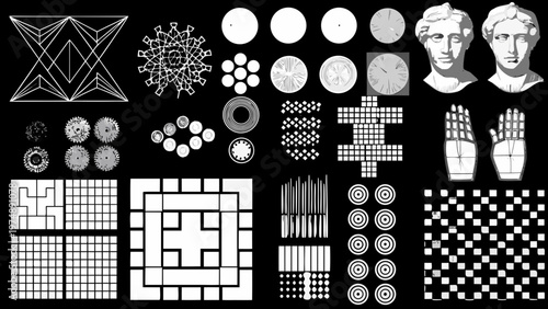 Geometric and sculptural elements arranged in a grid like composition