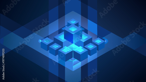 Abstract blue geometric structure with glowing cubic shapes