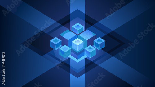 Fotografie Abstract geometric composition featuring stacked glowing blue cubes
