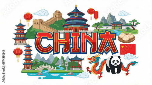 Vibrant illustration of Chinese cultural icons and landmarks, celebrating national heritage