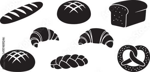 Variety of bread types in black and white illustration