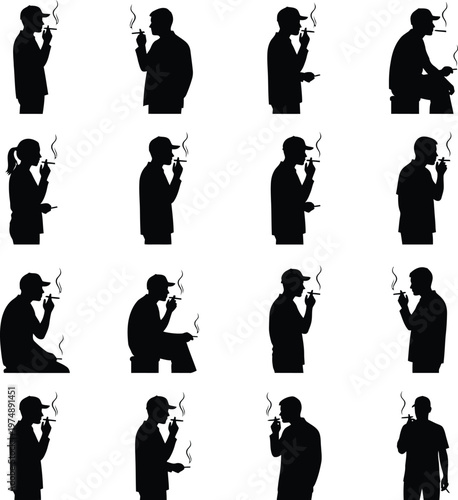 Collection of People Silhouettes Smoking Cigarettes and Tobacco in Various Standing Poses