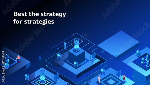 Isometric illustration of people interacting with futuristic technology and data