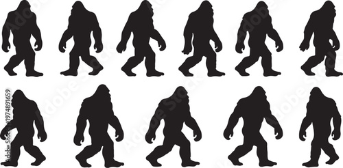 Bigfoot walking in various poses silhouettes on white background