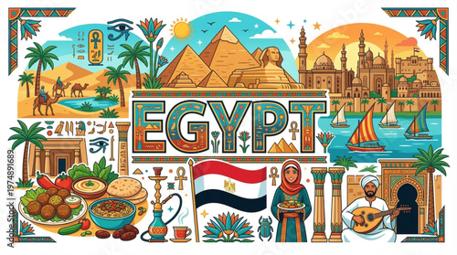 Vibrant illustration of Egypt's iconic landmarks, culture, and cuisine