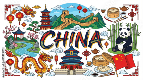 Vibrant illustration of Chinese cultural icons and landmarks, celebrating national heritage