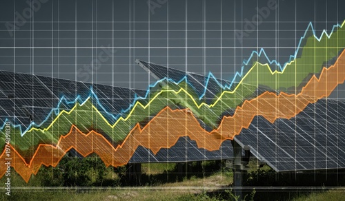 Colorful trending graphs overlaying solar panels in a field