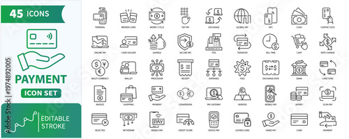 Payment icon set . Collection of Credit, finance, payment, banking, money, transaction, wallet and more. Editable stroke. Vector illustration