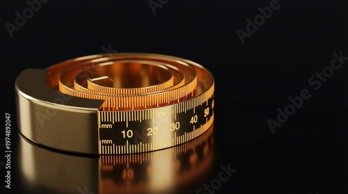 Golden coiled measuring tape showing clear millimeter markings and numerical scales on a dark reflective background