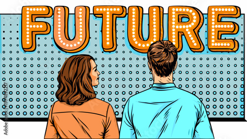 Couple gazing at a large illuminated future sign in pop art style