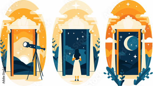 Three ornate doorways reveal unique celestial scenes with telescopes and figures