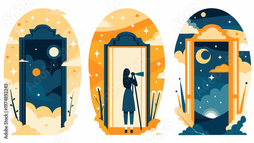 Three arched doorways depict nighttime scenes with stars moon and a figure