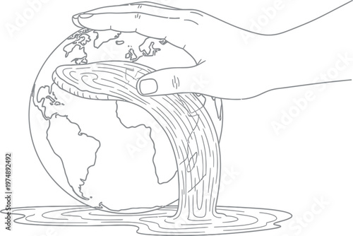 Human hand squeezes the globe, causing essential world resources to pour out, symbolizing unsustainable environmental exploitation and critical depletion of global natural elements.