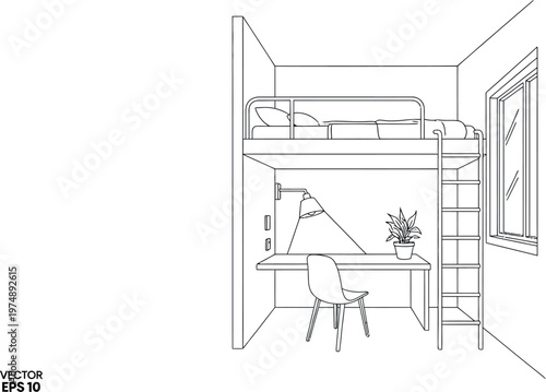 Detailed vector illustration of a modern small bedroom interior design featuring a space-saving loft bed with a built-in study desk and comfortable chair, ideal for compact living.