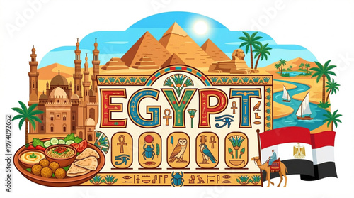Vibrant illustration of Egypt's iconic landmarks, culture, and cuisine
