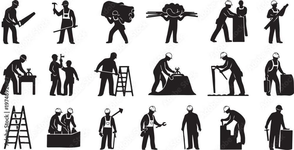 Obraz premium Construction Workers Silhouettes at Various Job Sites and Tasks