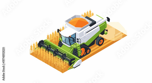 Isometric Combine Harvester Working in Wheat Field, Modern Agricultural Machinery Vector Illustration for Farm and Harvest Concept, Isolated on White Background