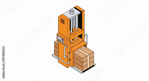 Isometric Orange Industrial Vertical Baler Press Machine Compressing Cardboard Boxes for Recycling and Waste Management