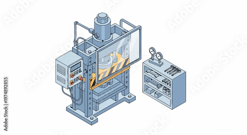 Isometric Industrial Hydraulic Press Machine Illustration with Control Panel and Tool Cabinet for Manufacturing and Engineering