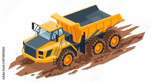 Isometric 3D Illustration of a Yellow Heavy-Duty Dump Truck on Muddy Ground - Construction Mining Tipper Vehicle Isolated on White