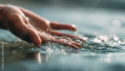 Gentle hand touching rippling water surface, close-up, macro, sunlight