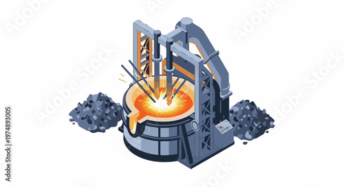 Isometric Industrial Blast Furnace with Molten Steel and Factory Equipment for Metallurgy Process Illustration